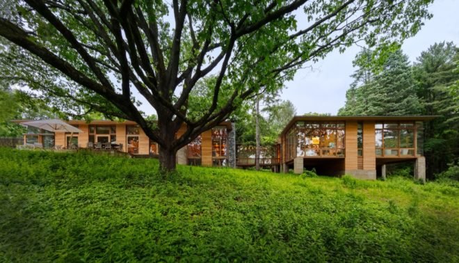 Exterior of the home, which is clad in timber