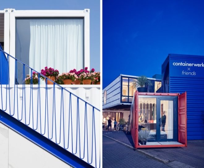 shipping container home with blue stairs and red facade