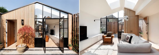 Left image is exterior of the home; right image of the living space
