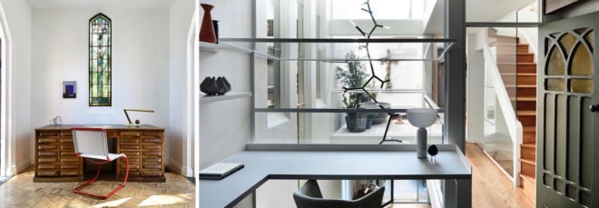 A split image of a desk underneath a stained glass window and the living area of a modern home.