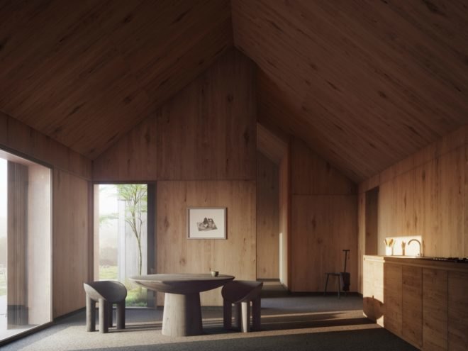 Rendering of a living room with pitched roof and stone tables and chairs.