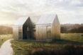A box home with two pitched roofs.