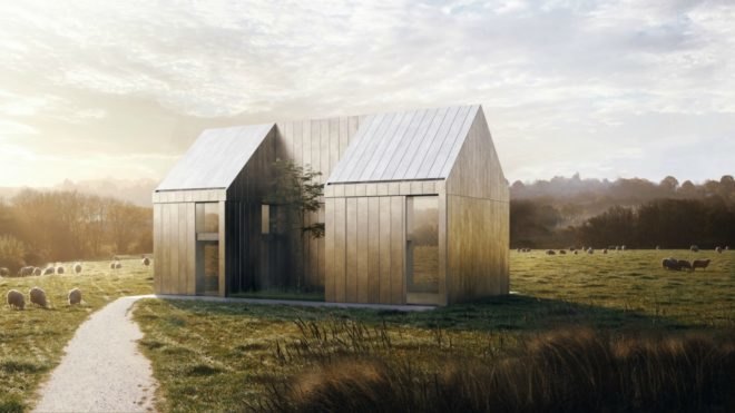 A box home with two pitched roofs.