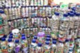 A wall of ecobricks, made from plastic trash stuffed into plastic bottles.