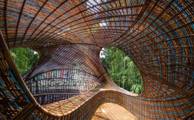 Rendering of handwoven polyethylene structure's interior with curves and openings
