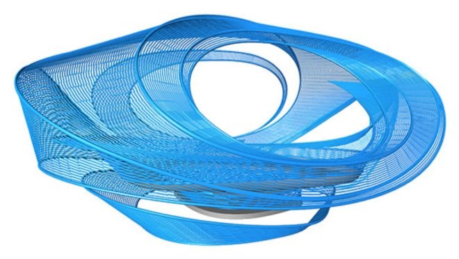 Rendering of handwoven polyethylene structure with curves and openings