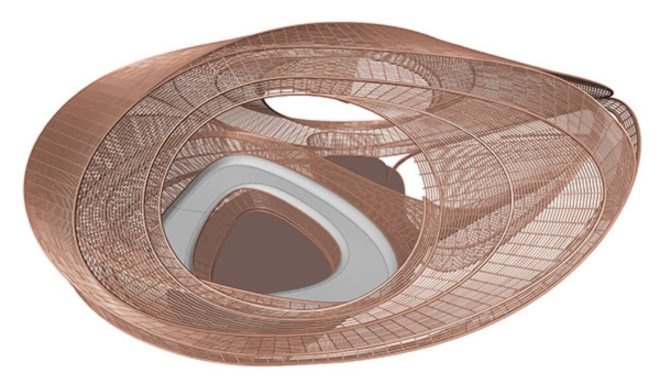 Rendering of handwoven polyethylene structure with curves and openings