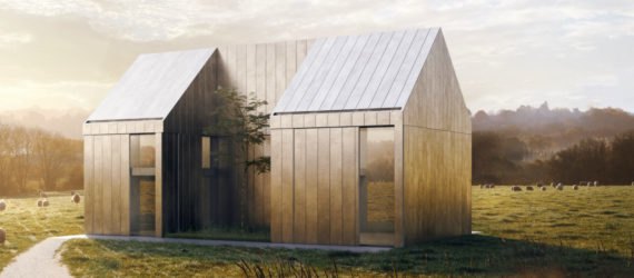 Box home with two pitched roofs