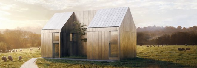 Box home with two pitched roofs