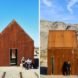 pair of rusted steel clad cabins