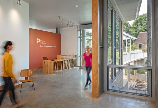 Inside features large glass windows