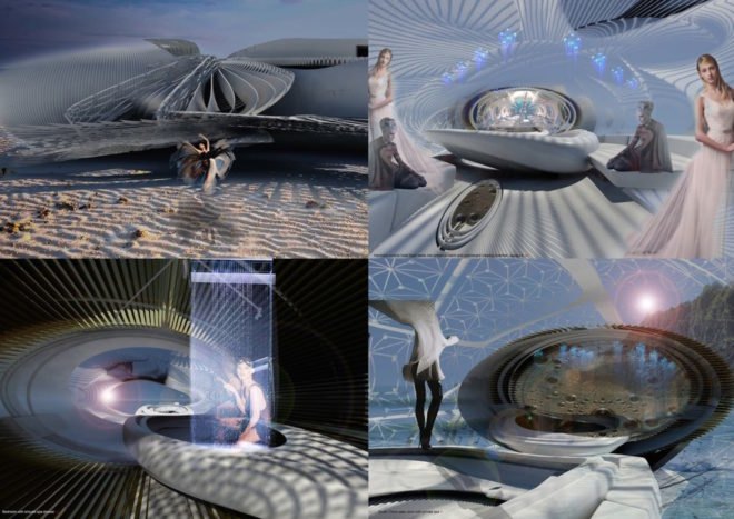 Renderings of the interior of the hotel, which offers aquatic views