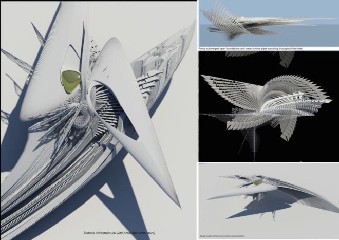 Four designs of the hotel and details on how it is submerged in the land