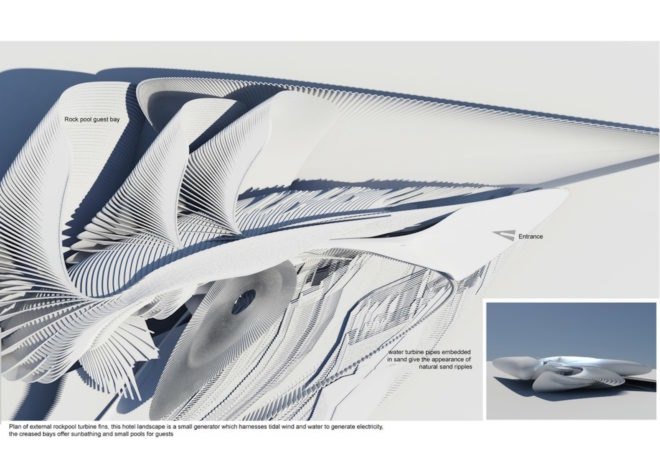 Diagram of the hotel and the turbines embedded in the sand
