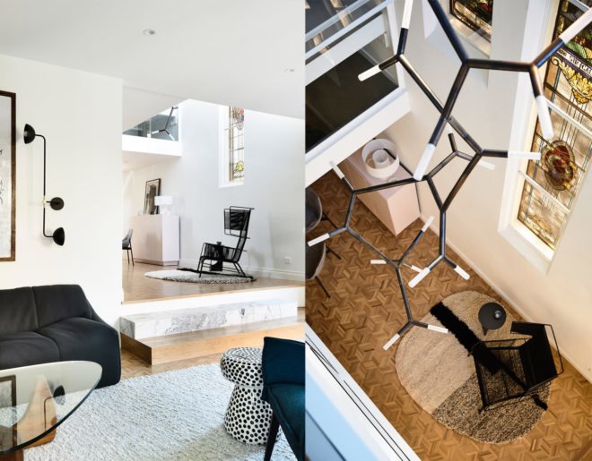 A split image of a modern living room and a spiny black chandelier.
