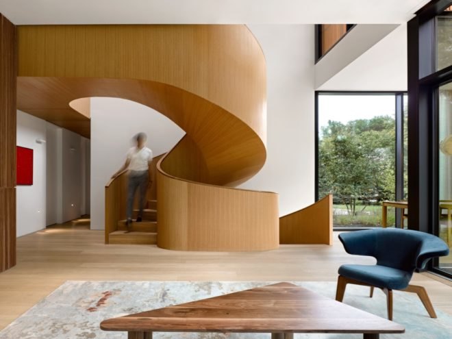 A wooden spiral staircase