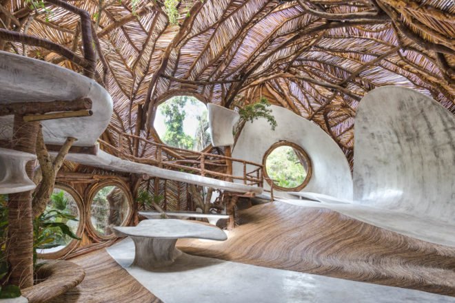 A curving interior space covered in branches and vines