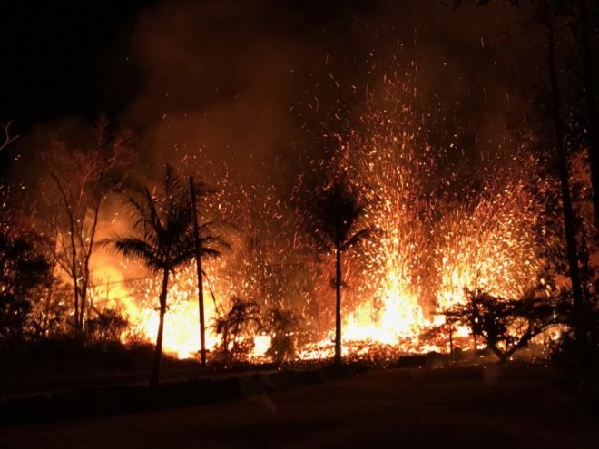 Lava erupts from a fissure that opened up in the wake of the Kilauea volcano eruption