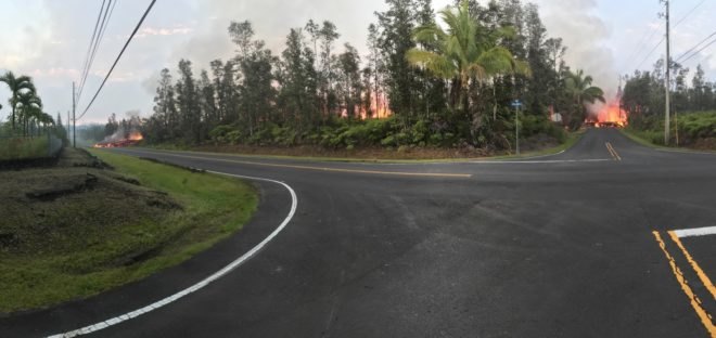 A panoramic view of Leilani and Makamae Streets in Hawaii showing fissure 7