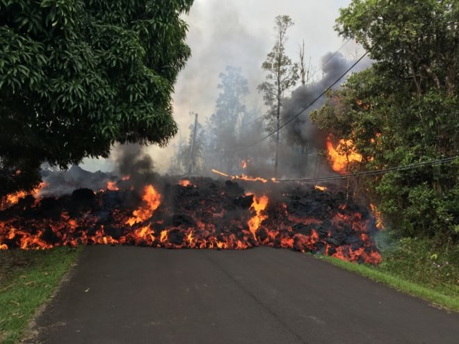A lava flow in Leilani Estates during the Kilauea volcano eruption