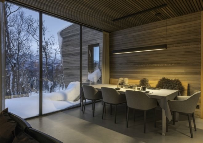 The interior of a wooden cabin