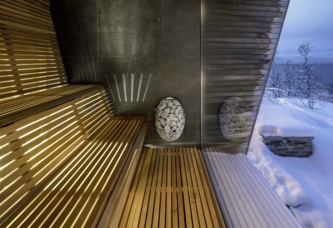 wooden sauna with glazed wall