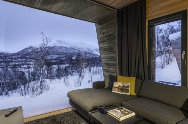 wooden cabin interior with glazed wall