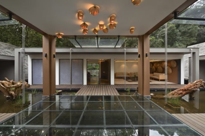 Open outdoor area with artistic lighting