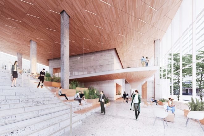 Rendering of people talking and gathering around steps of the building
