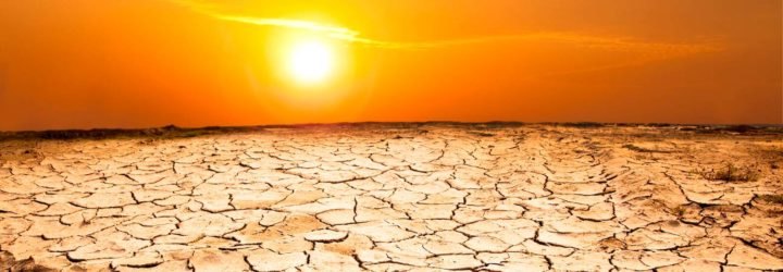 Drought-impacted land and a red, setting sun.