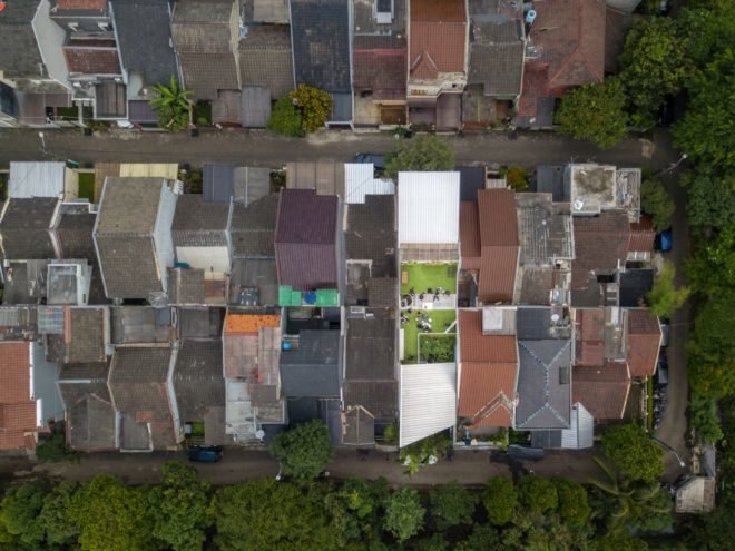 Aerial shot shows the home's green roof