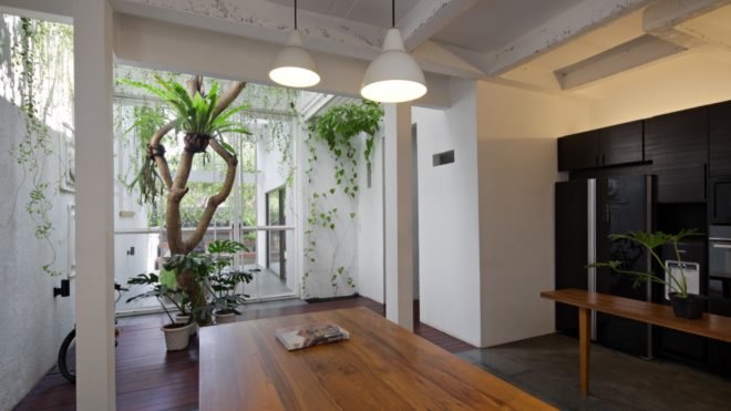 Wooden dining table facing greenery filled space