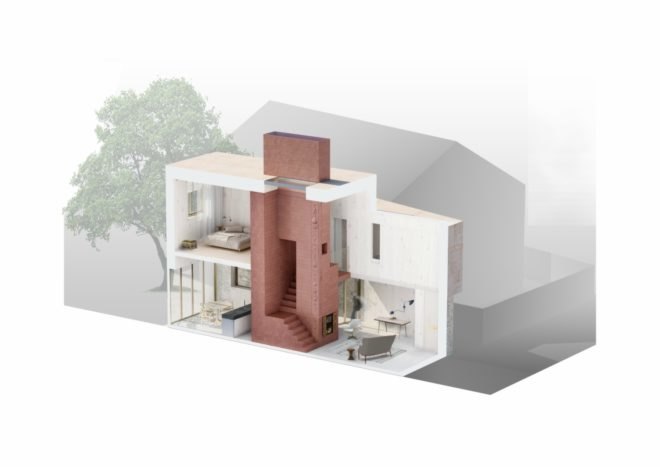 Rendering of home design with red central section