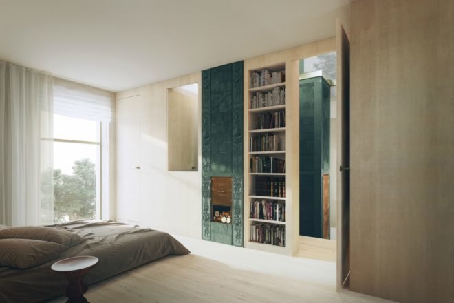 Interior space with light wood cladding and a green-tiled chimney