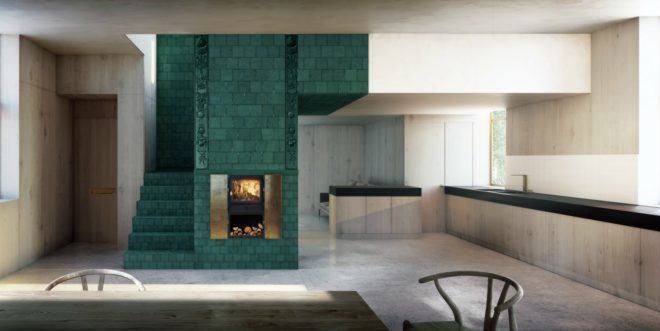 Interior space with green-tiled chimney