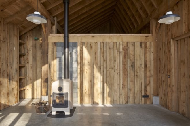 storage space and a wood-burning stove