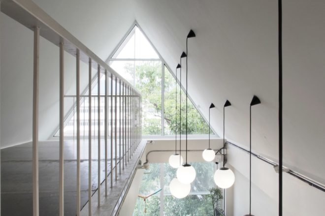 pitched ceiling with hanging lights