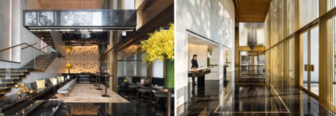 On the left, image of hotel restaurant. On the right, image of black and gold hotel lobby