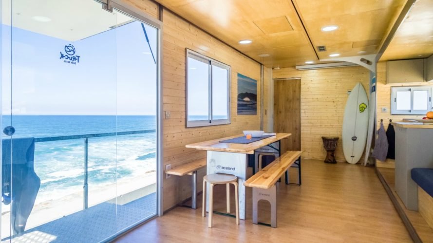 Truck Surf Hotel living area with views of the beach