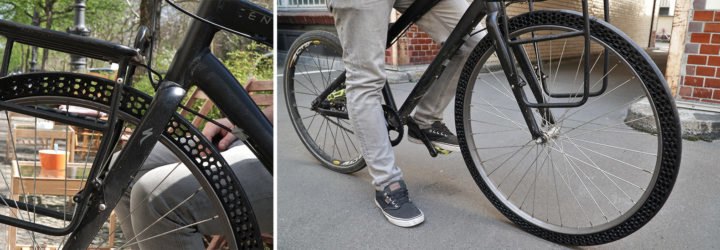 A cyclist rides a bike with BigRep's 3D-printed airless bicycle tires