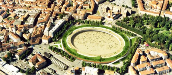 Birds-eye view of the rounded car park