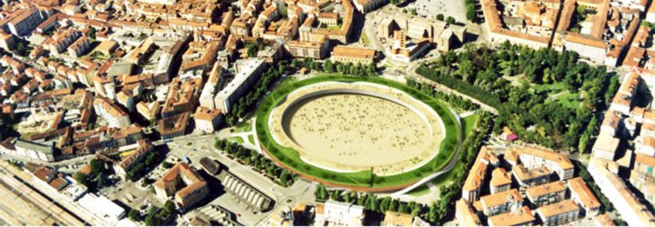 Birds-eye view of the rounded car park