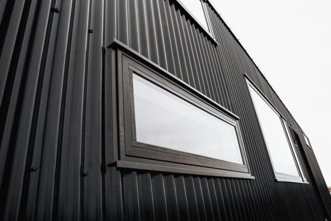 upclose shot of black structure with windows
