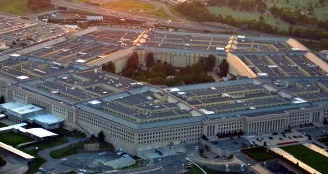Aerial view of the US Pentagon building at sunset