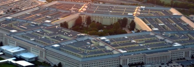 Aerial view of the US Pentagon building at sunset