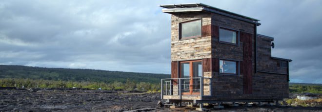 tiny home surrounded by cooled lava