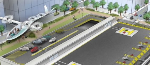 An artist's depiction of Uber's flying car air taxi system