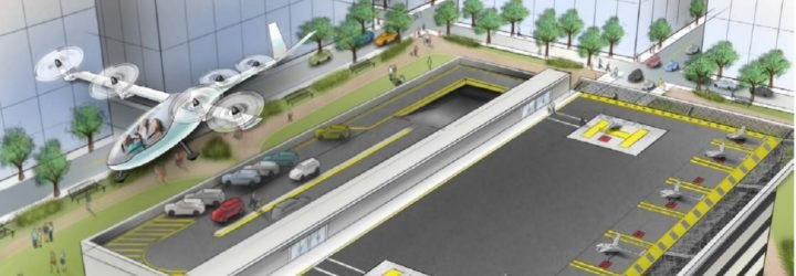 An artist's depiction of Uber's flying car air taxi system