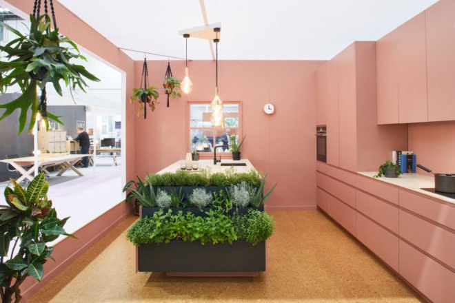rose colored kitchen with herb garden in forefront