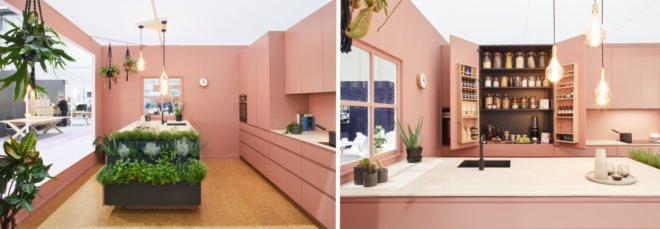 Rose colored kitchen cabinets with cork flooring and greenery throughout the space